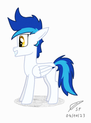 Size: 1080x1448 | Tagged: safe, artist:snowy_pony, oc, oc only, oc:snowflake feather, pegasus, pony, male, simple background, smiling, solo, stallion, white background