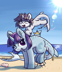 Size: 1620x1893 | Tagged: safe, artist:rivibaes, oc, oc only, oc:killi thaum, oc:riptide, original species, shark, shark pony, beach, female, laughing, mother and child, mother and daughter, ocean, piercing, piggyback ride, shell, water