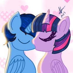 Size: 1000x1000 | Tagged: source needed, safe, artist:cherrypurrs, twilight sparkle, oc, oc:blue thunder, alicorn, pony, g4, alicorn oc, canon x oc, duo, eyes closed, female, horn, kiss on the lips, kissing, male, shipping, straight, thundersparkle, twilight sparkle (alicorn), wings