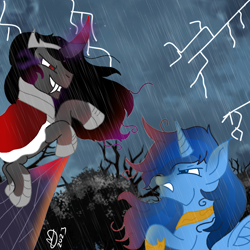 Size: 1000x1000 | Tagged: source needed, safe, artist:cherrypurrs, king sombra, oc, oc:blue thunder, alicorn, pony, g4, alicorn oc, duo, fight, horn, lightning, male, rain, rearing, stallion, wings