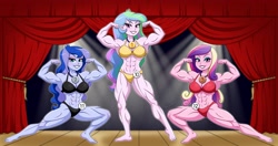 Size: 4323x2290 | Tagged: safe, artist:ameliacostanza, dean cadance, princess cadance, princess celestia, princess luna, principal celestia, vice principal luna, human, equestria girls, g4, abs, armpits, bicep flex, biceps, bikini, black bikini, black swimsuit, bodybuilder, bodybuilding contest, breasts, busty princess cadance, busty princess celestia, busty princess luna, clothes, commission, dean ca-dense, female, flexing, grin, looking at you, medals, muscles, muscular female, pecs, princess ca-dense, princess muscle moona, princess musclestia, principal musclestia, red bikini, red swimsuit, royal sisters, siblings, sisters, smiling, swimsuit, thighs, thunder thighs, trio, vice principal muscle moona, yellow bikini, yellow swimsuit