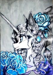 Size: 840x1179 | Tagged: safe, artist:hysteriana, oc, unnamed oc, pony, unicorn, baroque, beautiful, blue, blue eyes, bow, curly hair, curly mane, detailed, detailed hair, female, flower, flower in hair, flowing mane, glossy, gray background, hair bow, hairstyle, horn, jewelry, long horn, makeup, ponytail, princess, rococo, rose, royalty, shiny, simple background, smiling, traditional art, watercolor painting