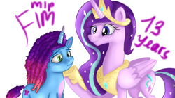Size: 1920x1080 | Tagged: safe, artist:jbond, misty brightdawn, starlight glimmer, alicorn, pony, unicorn, mlp fim's thirteenth anniversary, g4, g5, spoiler:g5, alicornified, duo, female, folded wings, hoof under chin, horn, jewelry, mare, misty and her 3rd heroine, peytral, race swap, raised hoof, rebirth misty, regalia, simple background, starlicorn, text, white background, wings, xk-class end-of-the-world scenario