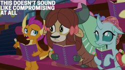 Size: 828x465 | Tagged: safe, edit, edited screencap, editor:quoterific, screencap, ocellus, smolder, yona, g4, the end in friend, cold opening, notebook, pencil, school of friendship, size difference