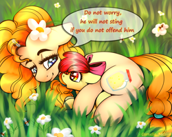 Size: 3000x2388 | Tagged: safe, alternate version, artist:cornelia_nelson, apple bloom, pear butter, bee, earth pony, insect, pony, g4, adorabloom, bow, cute, dialogue, duo, female, filly, floppy ears, flower, flower in hair, flower on ear, foal, grass, hair bow, high res, lies, looking at each other, looking at someone, mare, mother and child, mother and daughter, outdoors, pearabetes, speech bubble, talking, weapons-grade cute