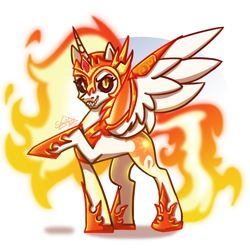 Size: 1000x1000 | Tagged: safe, artist:sonyager, daybreaker, alicorn, pony, g4, commission, evil, female, fire, gloating, looking at you, mare, simple background, solo, spread wings, standing, white background, wings