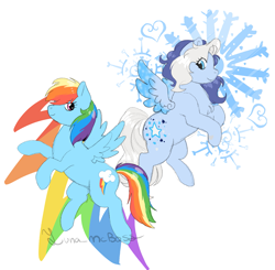 Size: 2181x2136 | Tagged: safe, artist:luna_mcboss, rainbow dash, silver glow, pegasus, pony, mlp fim's thirteenth anniversary, g3, g4, blue coat, blue mane, cute, dashabetes, feathered wings, female, g3 silverbetes, high res, lighting, mare, multicolored hair, rainbow hair, simple background, snow, snowflake, white background, white mane, wings