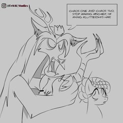 Size: 1080x1080 | Tagged: safe, artist:delchi_studios, artist:naquelinedelch2, idw, discord, fluttershy, draconequus, pegasus, pony, g5, spoiler:g5comic, broken horn, female, grayscale, horn, implied parents, instagram, interspecies, looking up, male, monochrome, old man discord, older, older fluttershy, parent, ship:discoshy, shipping, sketch, straight