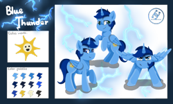 Size: 668x401 | Tagged: safe, artist:the juliana, oc, oc only, oc:blue thunder, alicorn, pony, alicorn oc, horn, reference sheet, solo, wings
