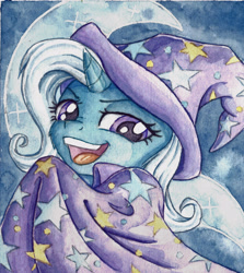 Size: 2189x2453 | Tagged: safe, artist:the-wizard-of-art, trixie, pony, unicorn, g4, bust, cape, clothes, eyebrows, female, hat, high res, horn, looking at you, mare, old art, open mouth, open smile, smiling, smiling at you, solo, traditional art, trixie's cape, trixie's hat, watercolor painting, wizard hat