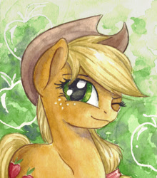 Size: 2152x2440 | Tagged: safe, artist:the-wizard-of-art, part of a set, applejack, earth pony, pony, g4, applejack's hat, cowboy hat, eyebrows, female, freckles, hat, high res, looking at you, mare, old art, one eye closed, smiling, smiling at you, solo, traditional art, watercolor painting, wink, winking at you