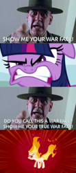 Size: 853x1920 | Tagged: safe, edit, edited screencap, screencap, twilight sparkle, human, pony, unicorn, feeling pinkie keen, g4, floppy ears, full metal jacket, gunnery sergeant hartman, irl, irl human, meme, photo, rapidash twilight, unicorn twilight, war face