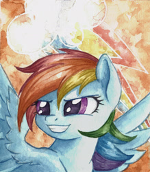Size: 2140x2446 | Tagged: safe, artist:the-wizard-of-art, part of a set, rainbow dash, pegasus, pony, g4, bust, eyebrows, female, grin, high res, mare, old art, portrait, smiling, solo, spread wings, traditional art, turned head, watercolor painting, wings