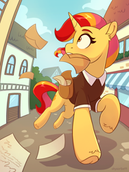 Size: 1836x2448 | Tagged: safe, artist:skysorbett, oc, oc only, oc:peach bubble, pony, unicorn, bag, blown away, clothes, cloud, eyebrows, female, horn, house, letter, mailbag, mailmare, mare, mouth hold, running, solo, town, unicorn oc, uniform