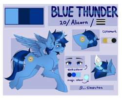 Size: 1781x1459 | Tagged: source needed, safe, artist:_.sleepytea, oc, oc only, oc:blue thunder, alicorn, pony, alicorn oc, horn, reference sheet, solo, wings