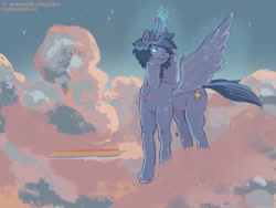 Size: 2160x1620 | Tagged: artist needed, source needed, safe, oc, oc only, oc:blue thunder, alicorn, pony, alicorn oc, cloud, horn, solo, wings