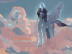 Size: 2160x1620 | Tagged: artist needed, source needed, safe, alternate version, oc, oc only, oc:blue thunder, alicorn, pony, alicorn oc, cloud, horn, solo, wings