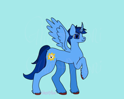 Size: 1312x1048 | Tagged: source needed, safe, artist:ghostlyponi, oc, oc only, oc:blue thunder, alicorn, pony, alicorn oc, blue background, horn, simple background, solo, wings