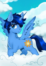 Size: 1240x1754 | Tagged: safe, artist:inconfortablee, oc, oc only, oc:blue thunder, alicorn, pony, alicorn oc, cloud, horn, solo, wings