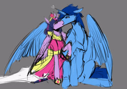 Size: 3000x2100 | Tagged: artist needed, source needed, safe, twilight sparkle, oc, oc:blue thunder, alicorn, pony, g4, alicorn oc, canon x oc, clothes, coronation dress, dress, duo, female, gray background, high res, horn, kiss on the lips, kissing, male, simple background, straight, thundersparkle, twilight sparkle (alicorn), wings