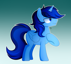 Size: 4850x4400 | Tagged: artist needed, source needed, safe, oc, oc only, oc:blue thunder, alicorn, pony, alicorn oc, gradient background, horn, missing cutie mark, solo, wings