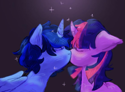 Size: 825x606 | Tagged: artist needed, source needed, safe, oc, oc:blue thunder, alicorn, pony, g4, alicorn oc, canon x oc, duo, eyes closed, female, horn, kiss on the lips, kissing, male, nuzzling, straight, thundersparkle, wings