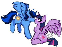 Size: 808x606 | Tagged: artist needed, source needed, safe, twilight sparkle, oc, oc:blue thunder, alicorn, pony, g4, alicorn oc, canon x oc, duo, female, horn, kiss on the lips, kissing, male, simple background, straight, thundersparkle, transparent background, twilight sparkle (alicorn), wings