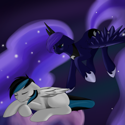 Size: 1439x1439 | Tagged: safe, artist:autumnsmonologue8, artist:megaphoric, princess luna, oc, oc:turquoise splash, alicorn, pegasus, pony, g4, cloud, duo, female, flying, male, mare, night, on a cloud, sleeping, sleeping on a cloud, song cover, stallion