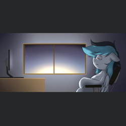 Size: 3000x3000 | Tagged: safe, artist:kadoge, oc, oc only, oc:turquoise splash, pegasus, pony, chair, computer, floppy ears, high res, lidded eyes, male, office chair, profile, sitting, smiling, solo, stallion