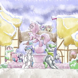 Size: 1916x1916 | Tagged: safe, artist:wlemin, pinkie pie, rarity, oc, oc:forest rain, oc:turquoise splash, pegasus, pony, g4, acoustic guitar, clothes, female, fountain, guitar, hat, male, mare, musical instrument, ponyville, scarf, singing, sitting, snow, stallion, winter