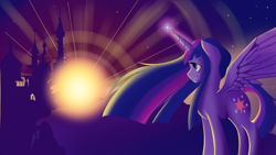 Size: 2560x1440 | Tagged: safe, artist:autumnsmonologue8, artist:megaphoric, twilight sparkle, alicorn, pony, g4, canterlot, canterlot castle, female, glowing, glowing horn, grin, horn, profile, smiling, solo, song cover, spread wings, sunrise, twilight (astronomy), twilight at twilight, twilight sparkle (alicorn), ultimate twilight, wings