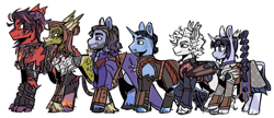 Size: 1280x554 | Tagged: safe, artist:pcktknife, bat pony, earth pony, pony, tiefling, undead, unicorn, vampire, astarion, baldur's gate 3, dungeons and dragons, female, gale, githyanki, karlach, lae'zel, male, mare, pen and paper rpg, ponified, rpg, shadowheart, simple background, stallion, white background, wyll