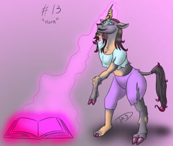 Size: 1191x1000 | Tagged: safe, artist:torlion, oleander (tfh), classical unicorn, pony, unicorn, them's fightin' herds, book, cloven hooves, community related, glowing, glowing horn, horn, human to classical unicorn, leonine tail, magic, mid-transformation, octransfur, open mouth, transformation, unshorn fetlocks