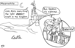 Size: 1800x1150 | Tagged: safe, artist:ebbysharp, misty brightdawn, opaline arcana, alicorn, pony, unicorn, g5, balcony, castle, confused, crescent moon, duo, duo female, evil smile, female, grin, inktober, inktober 2023, mare, monochrome, moon, movie reference, night, opaline's dark castle, open mouth, smiling, the lion king, tree