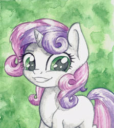 Size: 2160x2419 | Tagged: safe, artist:the-wizard-of-art, part of a set, sweetie belle, pony, unicorn, g4, blank flank, cute, diasweetes, eyebrows, female, filly, foal, grin, high res, horn, looking at you, smiling, smiling at you, solo, traditional art, watercolor painting
