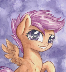 Size: 2223x2415 | Tagged: safe, artist:the-wizard-of-art, part of a set, scootaloo, pegasus, pony, g4, abstract background, blank flank, cute, cutealoo, eyebrows, female, filly, foal, grin, gritted teeth, high res, looking at you, raised hoof, smiling, smiling at you, solo, spread wings, teeth, traditional art, watercolor painting, wings