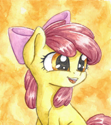 Size: 2153x2420 | Tagged: safe, artist:the-wizard-of-art, part of a set, apple bloom, earth pony, pony, g4, adorabloom, apple bloom's bow, blank flank, bow, cute, female, filly, foal, hair bow, high res, open mouth, open smile, smiling, solo, traditional art, watercolor painting
