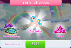 Size: 1267x860 | Tagged: safe, gameloft, idw, sprinkles (g1), pegasus, pony, g1, g4, my little pony: magic princess, official, bow, bundle, bush, costs real money, cutie collection, engrish, female, gem, idw showified, lilypad, mare, mobile game, numbers, sale, solo, tail, tail bow, text, tree, water, wings