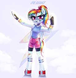 Size: 2800x2840 | Tagged: safe, artist:opal_radiance, rainbow dash, pegasus, anthro, unguligrade anthro, g4, clothes, eyebrows, folded wings, grin, high res, looking at you, pose, signature, smiling, smiling at you, socks, solo, sports, wings