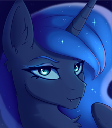 Size: 1817x2081 | Tagged: safe, artist:tanatos, edit, princess luna, alicorn, pony, g4, bust, cute, cute little fangs, ear fluff, eyebrows, eyeshadow, fangs, female, glowing, glowing eyes, horn, looking at you, makeup, mare, portrait, simple background, slit pupils, smiling, smiling at you, solo, wings