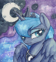 Size: 2240x2483 | Tagged: safe, artist:the-wizard-of-art, part of a set, princess luna, alicorn, pony, g4, bust, eyebrows, female, high res, horn, lidded eyes, looking at you, mare, moon, old art, partially open wings, portrait, solo, traditional art, watercolor painting, wings