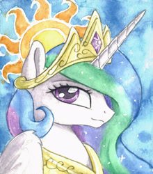 Size: 2164x2463 | Tagged: safe, artist:the-wizard-of-art, part of a set, princess celestia, alicorn, pony, g4, bust, crown, eyebrows, female, high res, horn, jewelry, looking at you, mare, old art, portrait, profile, regalia, solo, traditional art, watercolor painting, wings
