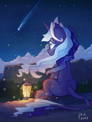 Size: 2250x3000 | Tagged: safe, artist:raineve, oc, oc only, pony, unicorn, facing away, forest, high res, horn, jewelry, lantern, leonine tail, looking up, night, scenery, shooting star, sitting, solo, stars, tail, tiara, unicorn oc