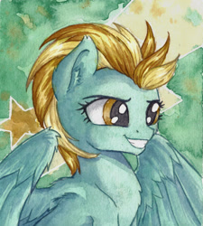 Size: 2184x2430 | Tagged: safe, artist:the-wizard-of-art, part of a set, lightning dust, pegasus, pony, g4, bust, ear fluff, eyebrows, female, grin, high res, mare, partially open wings, smiling, solo, traditional art, watercolor painting, wings