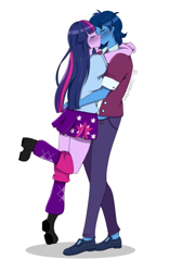 Size: 370x593 | Tagged: source needed, safe, artist:_.sleepytea, twilight sparkle, oc, oc:blue thunder, equestria girls, g4, canon x oc, duo, eyes closed, female, hug, kiss on the lips, kissing, male, simple background, straight, thundersparkle, white background