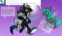 Size: 950x556 | Tagged: safe, artist:lupisvulpes, oc, oc only, oc:monochromatic heart, oc:slice n' dice, alicorn, changeling, pony, ask, flying, night, outdoors, talking, tumblr