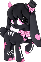 Size: 1173x1773 | Tagged: oc name needed, safe, artist:pure-blue-heart, base used, black coat, black hair, black mane, black tail, bone, bunny ears, bunny tail, colored hooves, colored horns, devil horns, female, hat, heart, horns, mare, neck bow, pink eyes, raised hoof, simple background, solo, standing, tail, transparent background, watermark