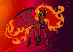 Size: 1414x1000 | Tagged: safe, artist:zetikoopa, sunset shimmer, alicorn, demon, demon pony, pony, g4, alicornified, concave belly, corrupted, demon wings, female, helmet, holes in wings, hoof shoes, long legs, mane of fire, mare, peytral, princess shoes, race swap, shimmercorn, slender, sunset satan, tall, thin, wings