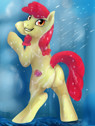 Size: 3000x4000 | Tagged: safe, artist:tehtigress, apple bloom, earth pony, pony, g4, alternate hairstyle, bath, bipedal, bipedal leaning, bloom butt, butt, commission, dock, female, filly, foal, grin, leaning, looking at you, looking back, looking back at you, plot, shower, smiling, solo, tail, water, wet, ych result