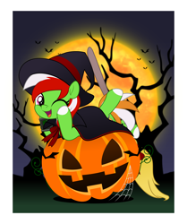 Size: 4188x5000 | Tagged: safe, artist:jhayarr23, oc, oc only, oc:wandering sunrise, earth pony, pony, fallout equestria, fallout equestria: dead tree, broom, clothes, commission, commissioner:solar aura, costume, cute, earth pony oc, green coat, halloween, halloween costume, hat, holiday, jack-o-lantern, pipbuck, pumpkin, solo, white hooves, witch, witch hat, ych result